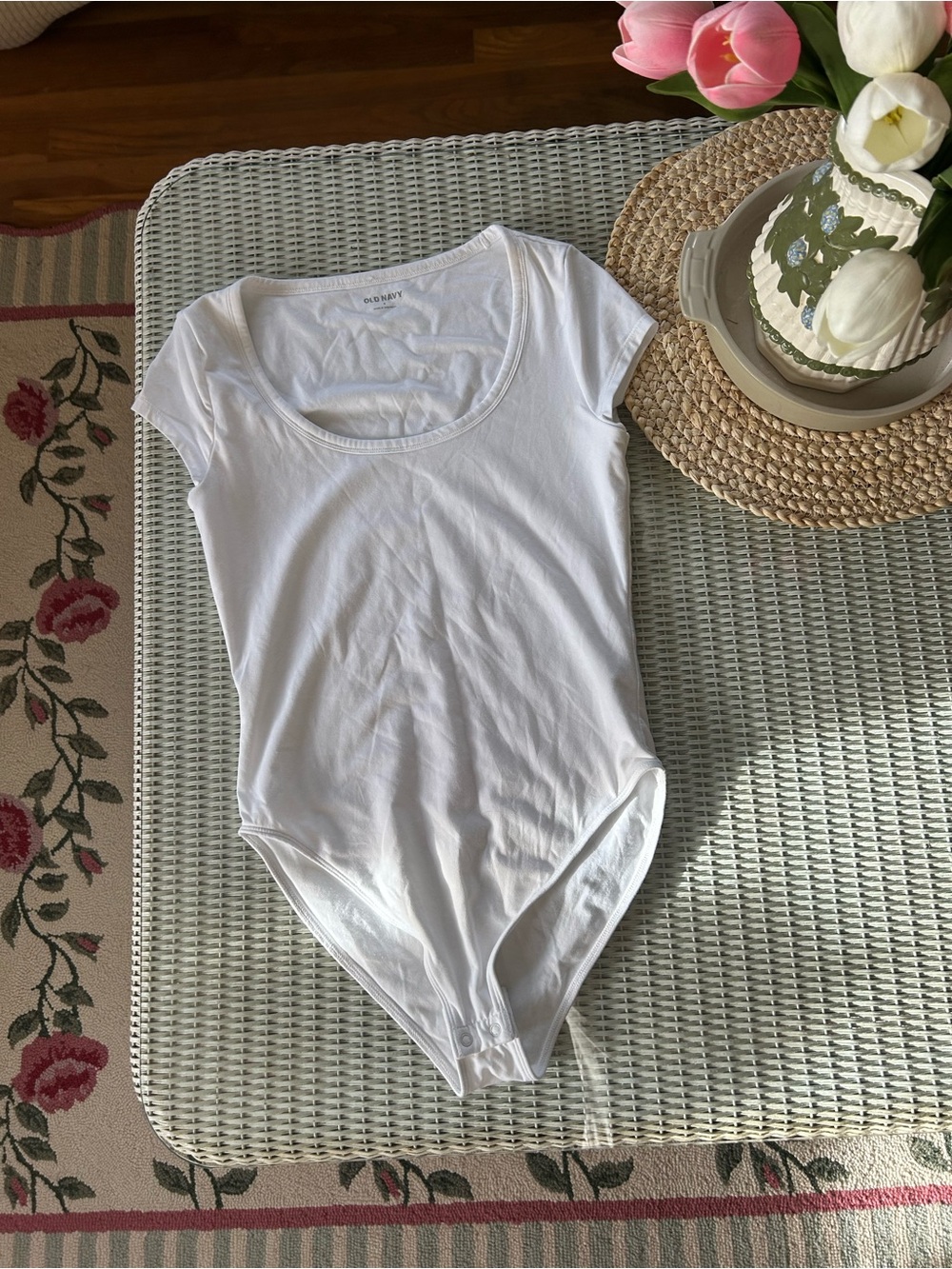Old Navy White Scoop Neck Short Sleeve Bodysuit - Stretch Knit
